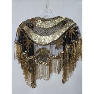 Tan Chho Women's Gold/Black Beaded Multifunctional Fringed Wrap Shawl Boho